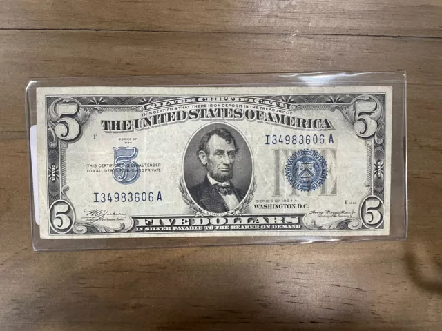 $5 SERIES OF 1934 A, BLUE SEAL, S/N I34983606A Low Production Rare! Silver Cert