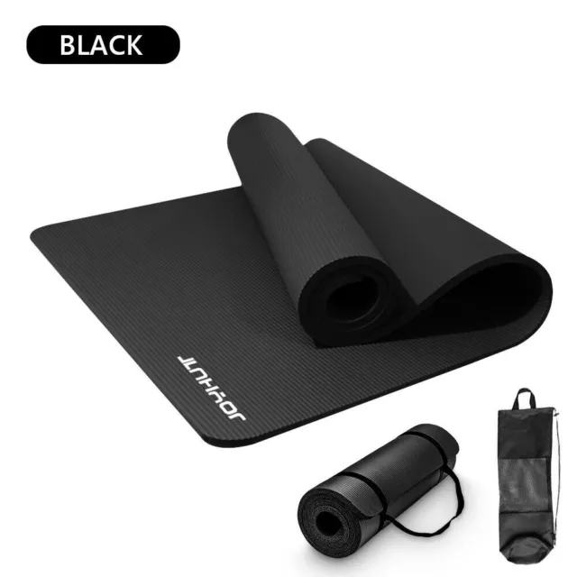 Large 15Mm Thick Yoga Mat For Pilates Gym Exercise With Carry Strap Bag Black