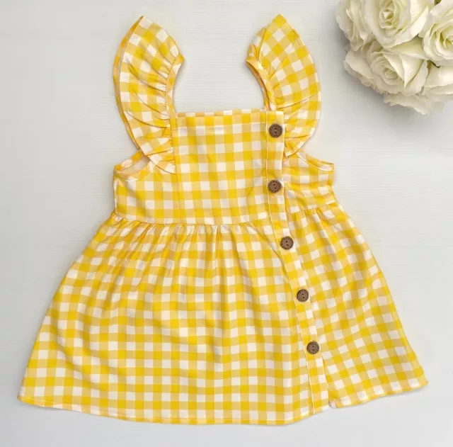 size 3-6m to 18-24 months baby girls dress yellow gingham flutter sleeve dress