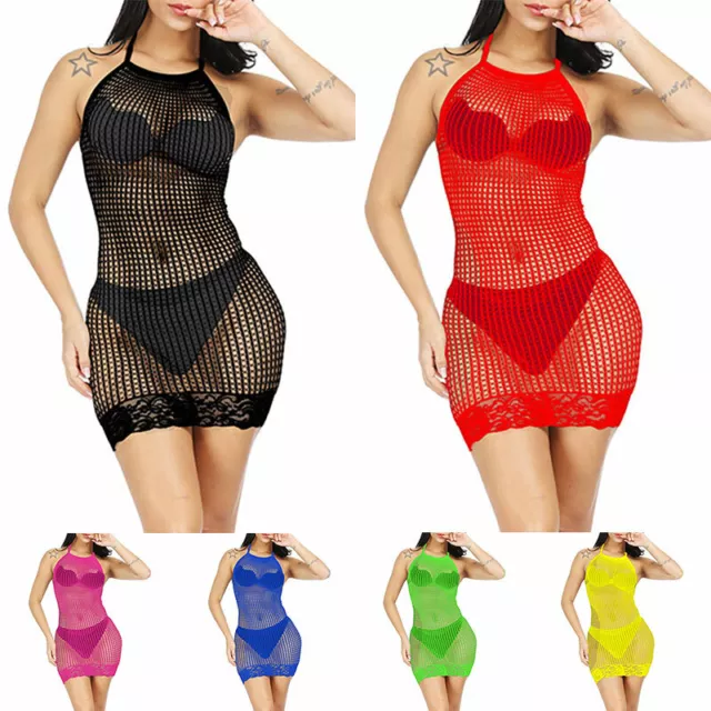 Damen Sexy Dessous Mesh Fishnet Bodycon Body Stocking Minikleid H A 2