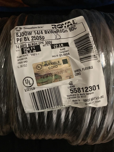 Southwire 55812301 Type SJOOW Multi-Conductor Cable, 250ft Spool, 14/4C, STR*