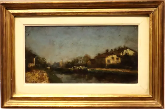 SCUOLA LOMBARDA ANTICO Quadro Dipinto Olio su Cartoncino SCORCIO DEL NAVIGLIO