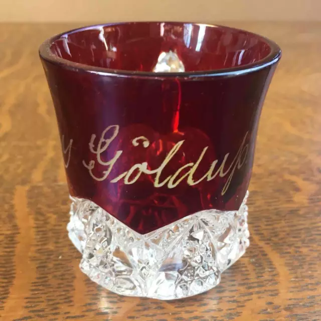 Antique 1901 HENRY GOLDUP Ruby Red Flash Glass Souvenir Mug Cup toothpick Holder