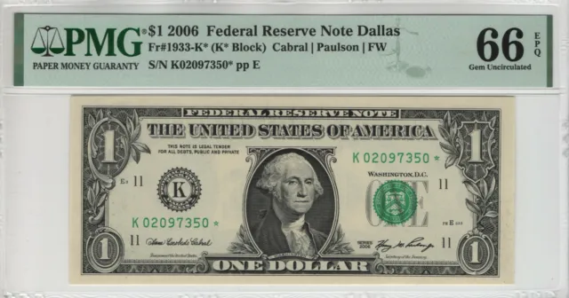 2006 $1 Federal Reserve Star Note Dallas Fr.1933-K* Pmg Gem Unc 66 Epq
