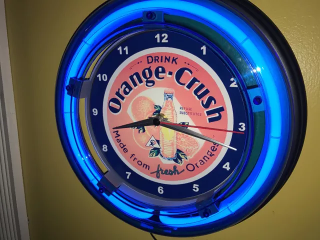 Orange Crush Soda Fountain Diner Bar Man Cave Advertising Neon Wall Clock Sign