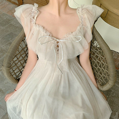 Lady Mesh Ruffle Dress Straps Sweet Lolita Princess Midi Prom Gown Lace Up Skirt