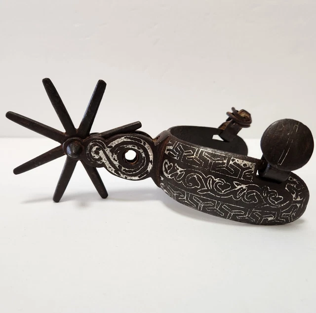 Antique Iron And Silver Inlay Single Spur 8 Point Rowel Mexican Western