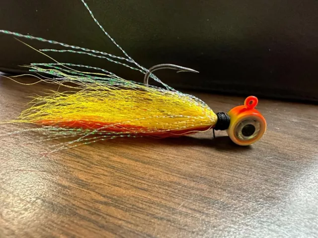 10 Big Eye Bucktail Jig Head chartreuse and red with flash.  Walleye Jigs