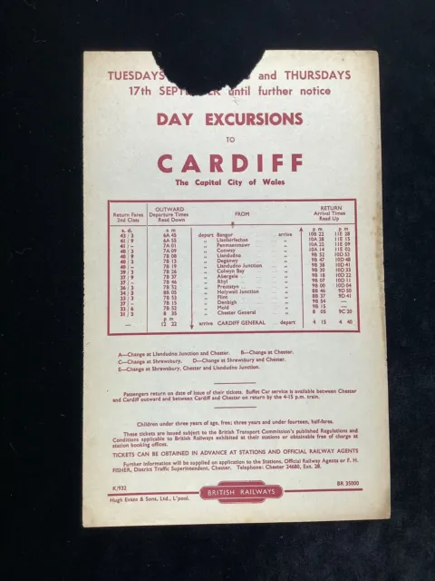 BR 1950s Railway Handbill Cardiff From Bangor Conway Llandudno Rhyl Chester