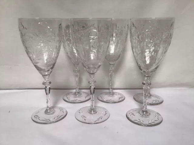 RR54 Vintage Old Circa Mid Century Cut Crystal Goblet Etched Wine Glass Set of 6