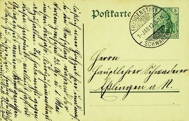 GERMANY 1912 5pf PS CARD FROM FREUDENSTADT TO SOLINGEN