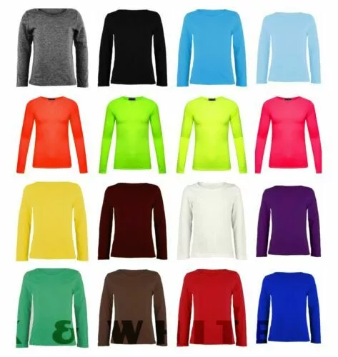 Girls Kids Basic Long Sleeve Top Kids Plain Neon School Tee Tops T-Shirt 2-13