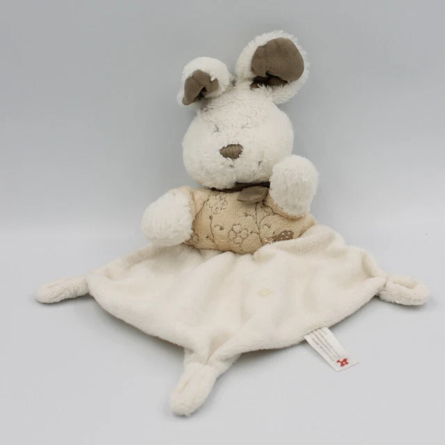 Doudou plat lapin blanc beige marron fleurs NICOTOY - 27955