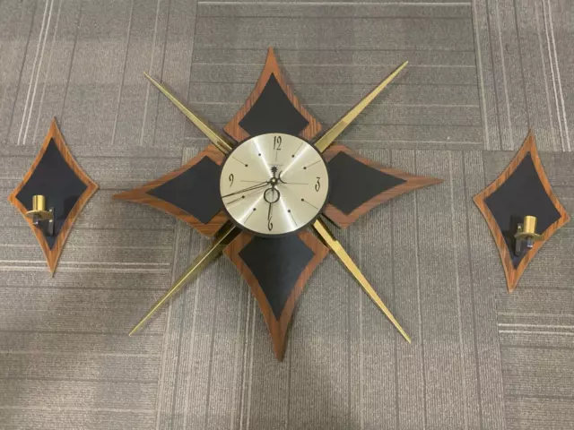 Vintage MCM Working Caraville Starburst Clock with 2 Starburst Candle Sconces