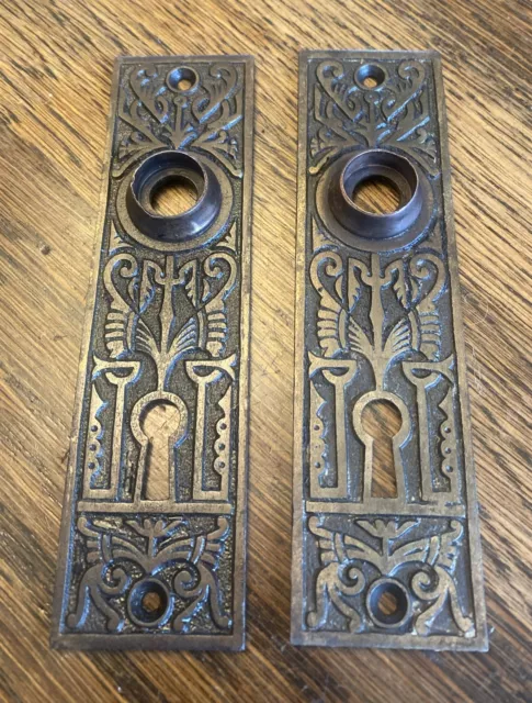 2 Antique Vintage Eastlake Victorian Steel & Bronze Door Plates Ornate