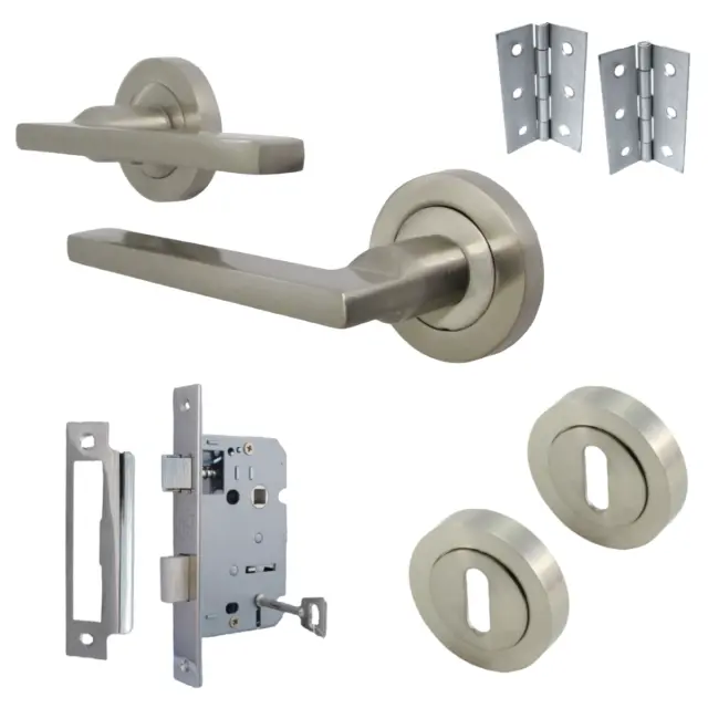 UNO Straight Door Handle Locking Set Satin Lever Rose Internal Escutcheon Lock