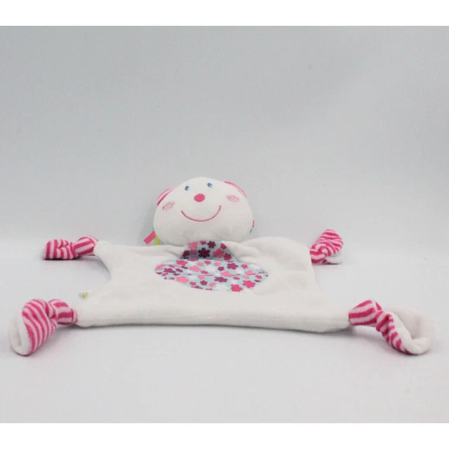 Doudou plat ours blanc rose rayé fleurs P'TIT BISOU AUBERT - 15236