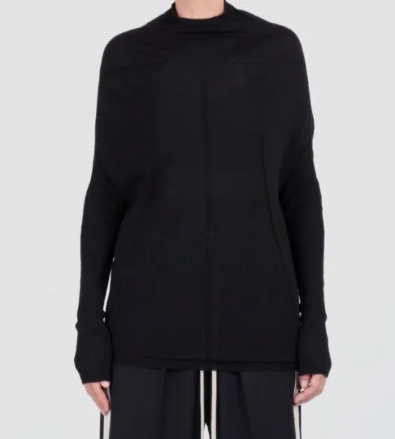 $545 Rick Owens Women's Black Wool Knit High Neck Long Sleeve Sweater Size L