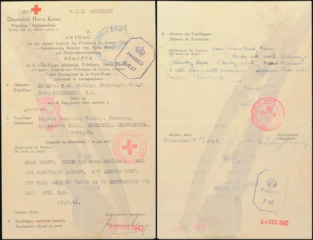 8544) Rotkreuz-Nachrichten Brief 17.7.43 Guernsey nach England Antwort 9.11.43