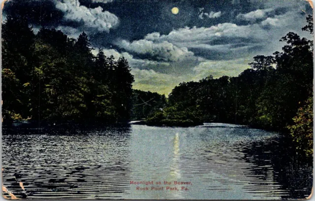 Postcard Beaver River Moonlight Rock Point Park Pennsylvania A139