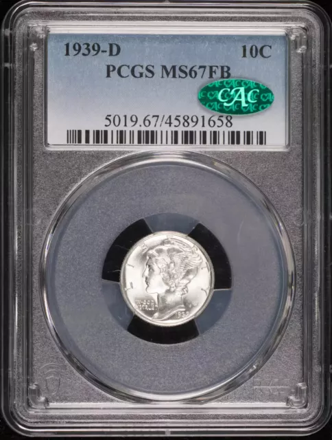 1939 D Dimes Winged Liberty Head or Mercury PCGS MS-67 FB CAC CAC