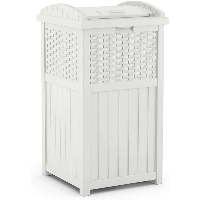 Suncast Resin Wicker Trash Hideaway with Latch for Patio or Yard, White