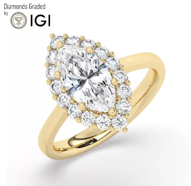 IGI , 2CT ,Solitaire Lab-Grown Marquise Diamond Engagement Ring, 18K Yellow Gold