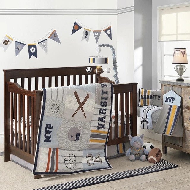 Lambs & Ivy Varsity Gray/Blue 6Pc Crib Bedding Set Include Mobile/Blanket*New*