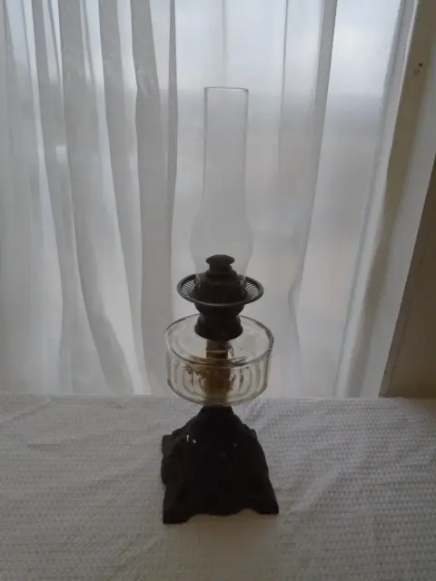 Rare Retro Collectable Oil lamp glass fount cast iron Pyramid base vintage