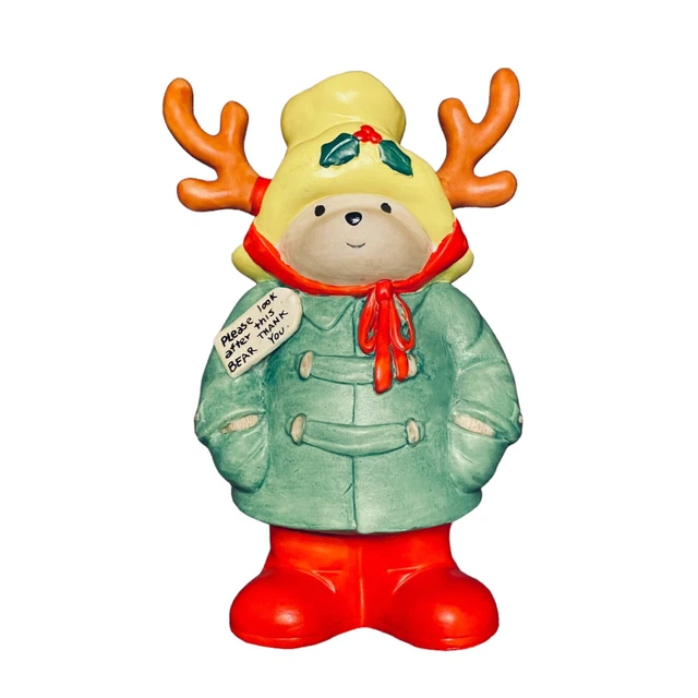 VINTAGE PADDINGTON BEAR Christmas Bank Ceramic Painted 1991 Reindeer
