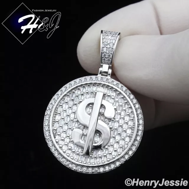 Men 925 Sterling Silver Icy Bling Baguette Cz Dollar $ Sign Round Pendant*Sp407