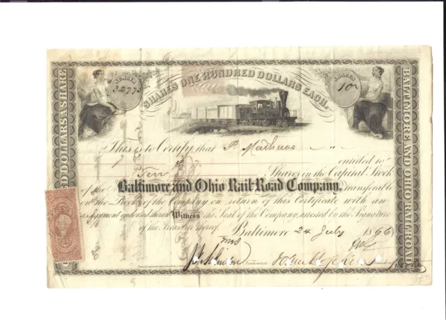 1866 Johns Hopkins signed B&O Railroad Stock Certificate