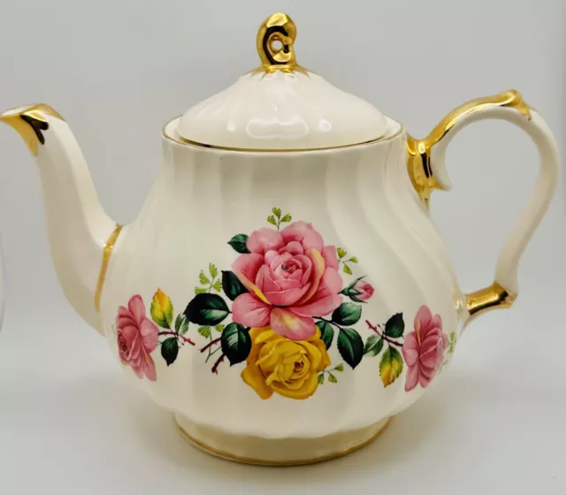 Vintage Sadler England Swirl Pink Yellow Roses Gold Trim Floral Teapot; Tea Pot