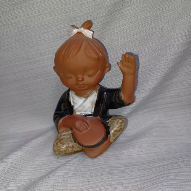 Vintage Japanese UCTCI Red Clay Pottery Girl Playing Drum Figurine Stoneware Art