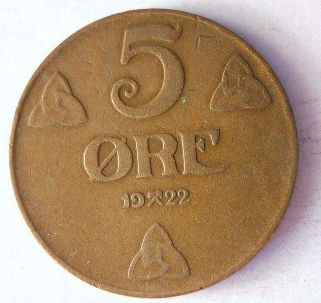 1922 NORWAY 5 ORE - High Quality Coin - FREE SHIP - BIN #137