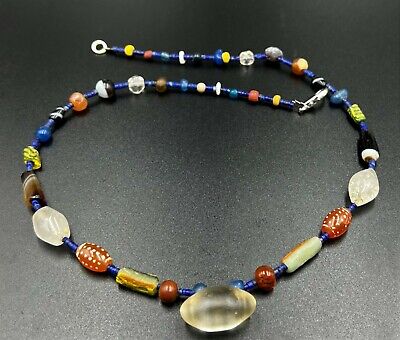 Vintage Roman Indo Glass Lapis Agate Old Trade Jewelry Beads Necklace Dzi Stone
