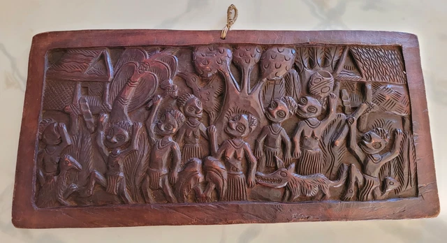 Vintage Wall Plaque African Haitian Wood Hand Carved Art Tribal Jungle MCM Congo