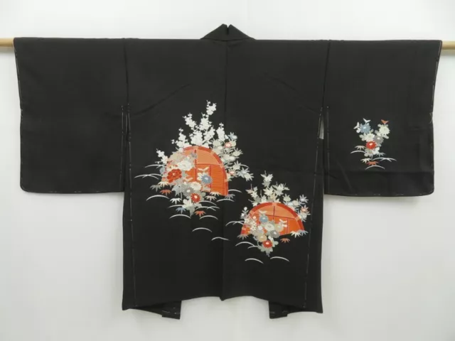2910T07z580 Vintage Japanese Kimono Silk HAORI Peony Black