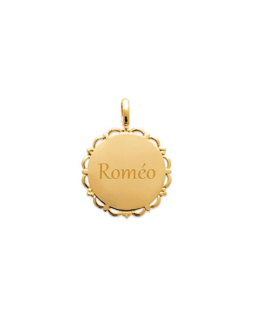 Pendentif Médaille Ronde Dentelle Plaqué Or 18 Carats - Gravure Recto Verso, Marque Tata Gisèle