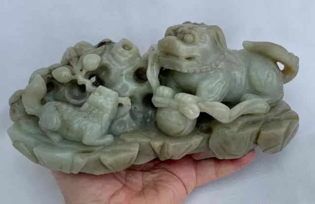 Fine Large Chinese 20th Century Carved Jade Buddhist Lion Group of Quality.