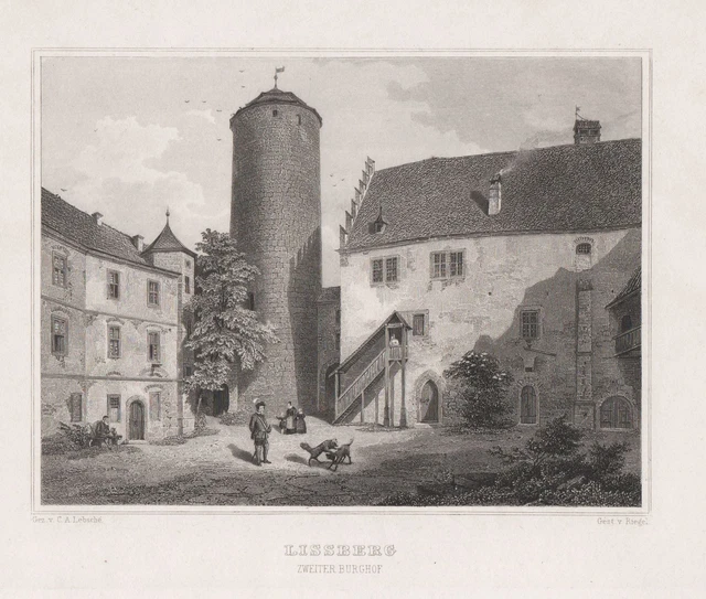 Lißberg Burghof Hessen Grabado de Acero Lebsche Pestillo 1840