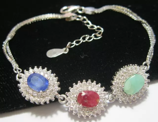 Sterling Silver Real Ruby Emerald Sapphire Tennis BRACELET Hallmarked 7.33g