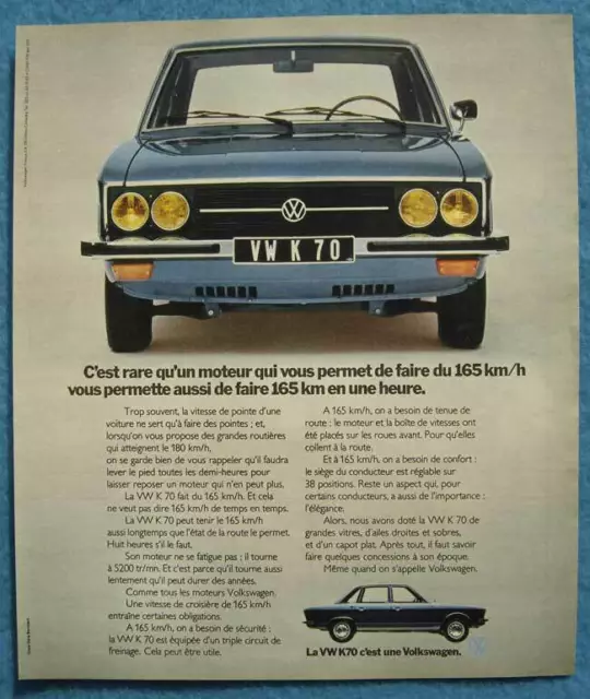 Publicité Papier - Voiture Volkswagen Vwk70 De 1973