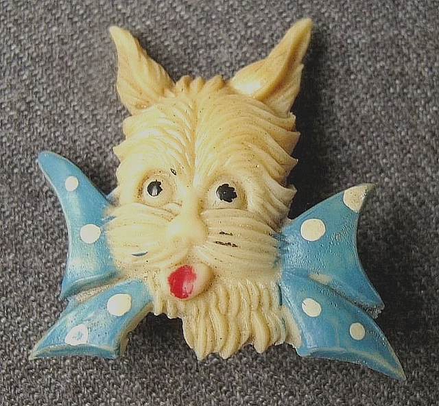 Vintage Dotted Huge Bow Red Tongue Yorkshire Terrier Ccelluloid Dog Pin