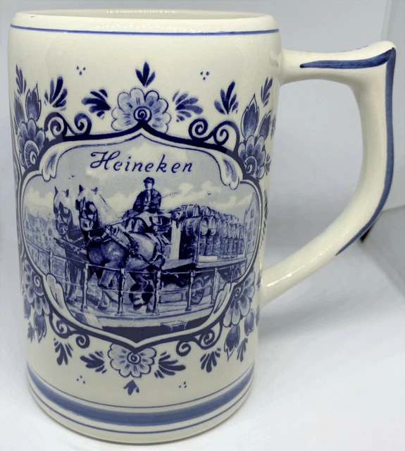 Delfts Handwork Holland Stein Mug Blue White Horse Carriage Heineken Windmill