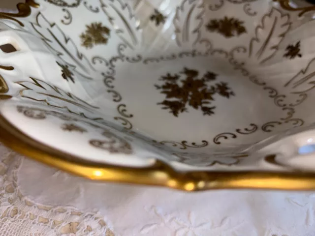 Reichenbach Porcelain Centerpiece Scalloped 22K Gold Footed Bowl Germany 3