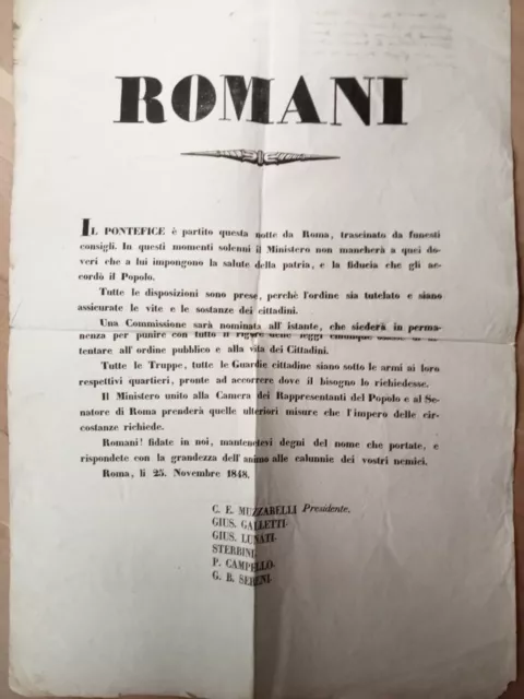 Manifesto dispaccio Repubblica Romana fuga Papa Pio IX 25 novembre 1848