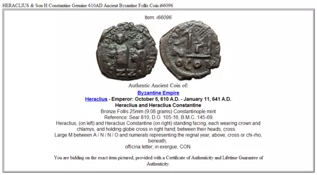 HERACLIUS & Son H Constantine Genuine 610AD Ancient Byzantine Follis Coin i66096 3