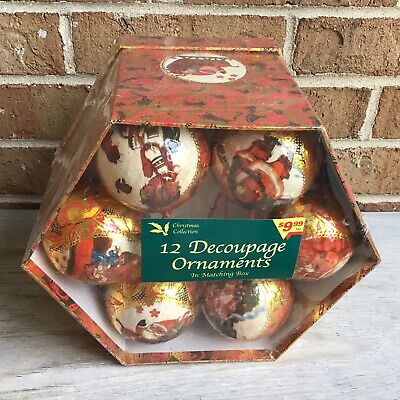 Vtg Hexagon DECOUPAGE CHRISTMAS ORNAMENTS BOX SET Santa Red Gold 12 Pc Round NIB
