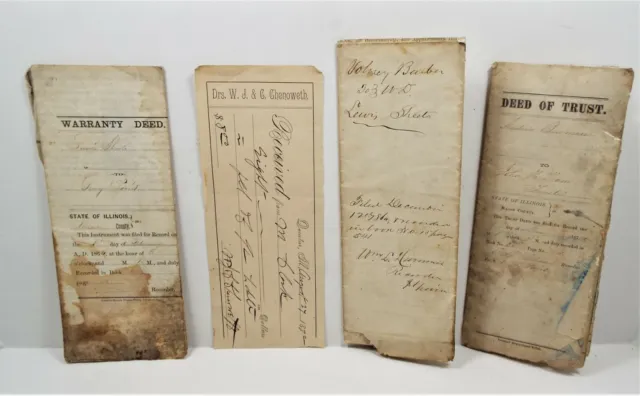 4 Antique Illinois Documents - 1864,1866,1874 Indentures - 1872 Doctor Receipt